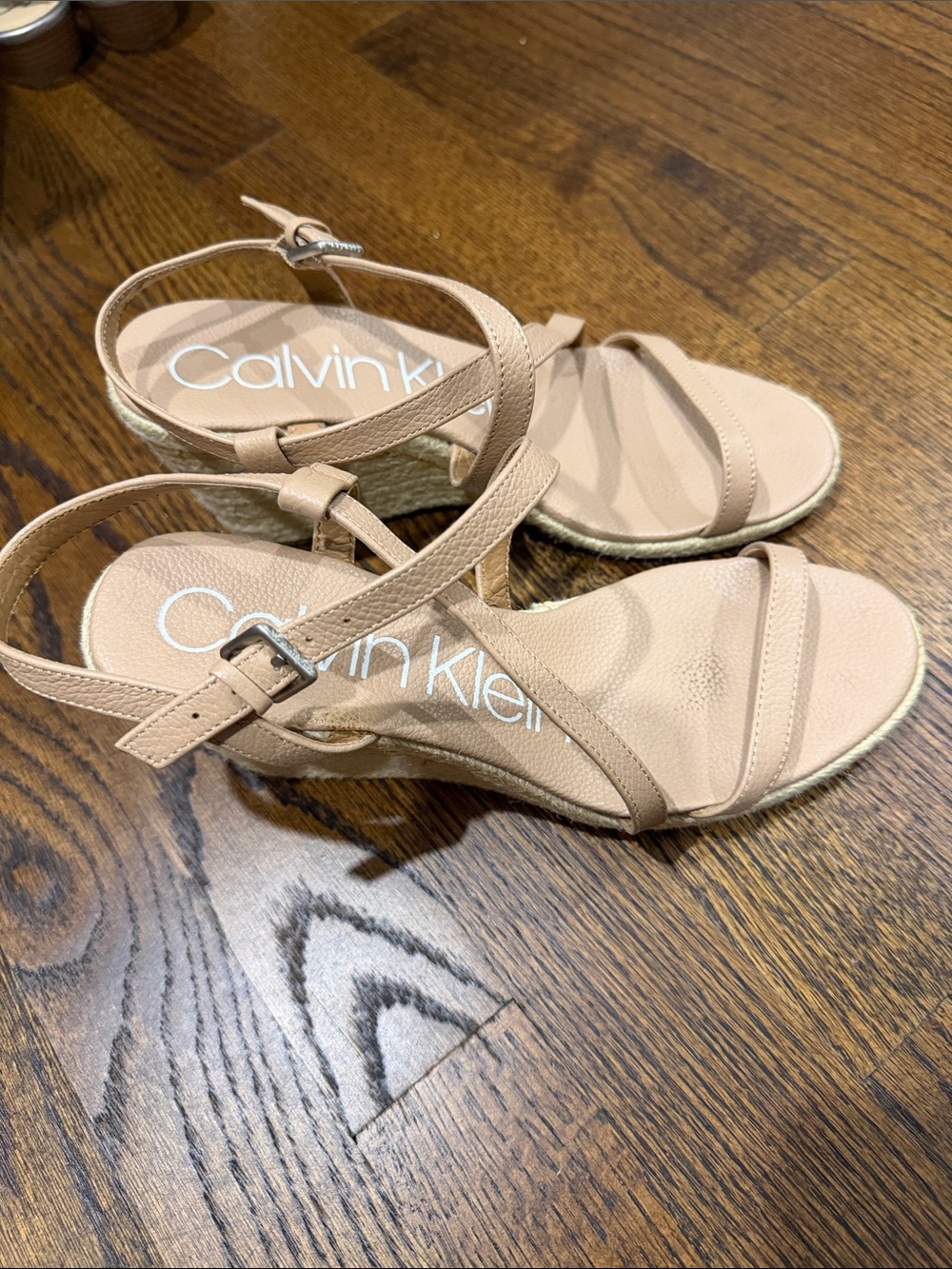 Calvin Klein Beige Cross-Strap Espadrille Wedge Sandals